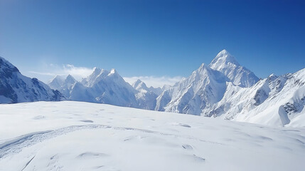 Fototapeta premium Majestic snow-capped mountains under a clear blue sky, showcasing a vast snowy landscape; ideal for travel brochures