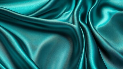 Fototapeta premium Turquoise fabric with glossy surface, soft folds and drapes. Textured fabric. Modern interior design. Luxury home decor. Elegance. Light. Texture. Depth. Timeless beauty.