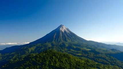Majestic volcano peak, lush green slopes, clear sky, aerial view, perfect for travel brochures