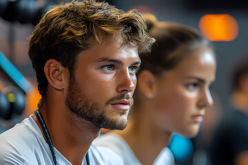 A coach assisting a client during a workout in a gym. An atmosphere of motivation and support