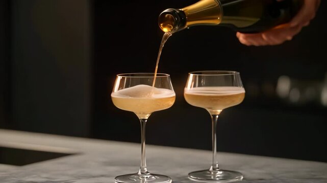 Elegant hand pouring expensive luxury champagne into flutes two sparkling wine glasses close up. Rich drinks for romantic date at home. Minimalistic style.