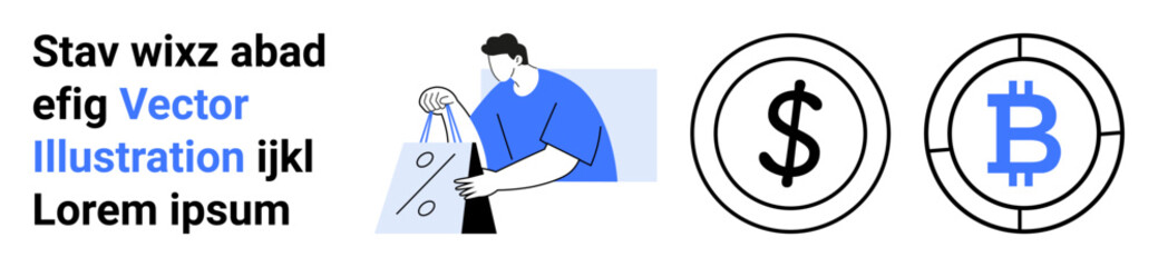 Man holding a shopping bag, dollar and bitcoin currency signs, and sample text. Ideal for e-commerce, finance, cryptocurrency, digital marketing, online transactions, economy financial literacy