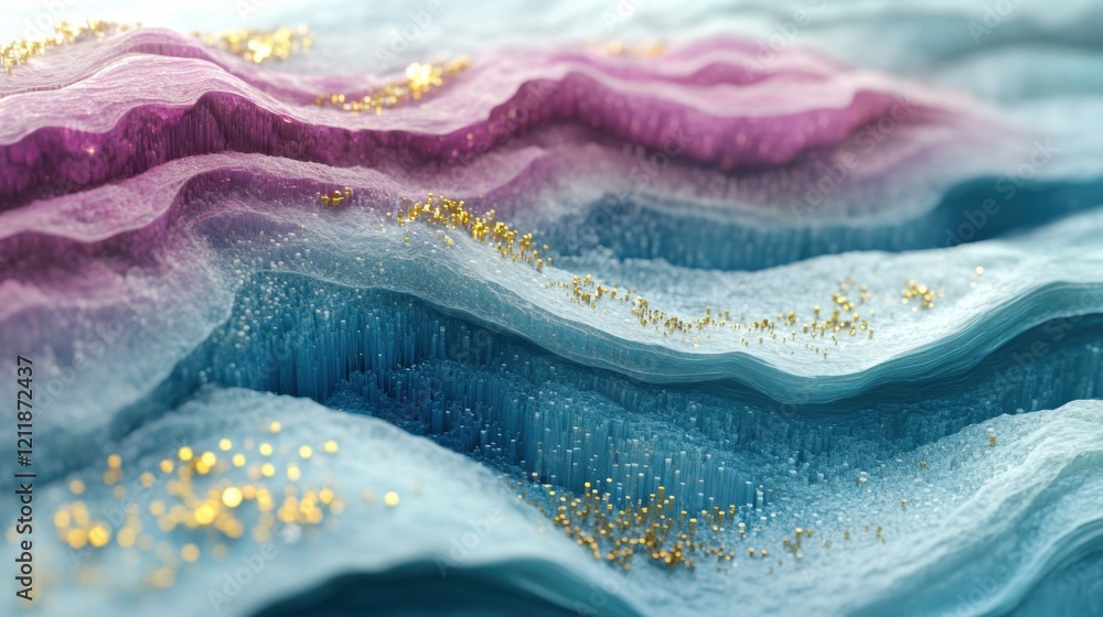 Poster surreal interpretation of flowing rivers in deep colors with shimmering details