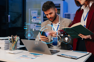 Copyright or patent concept, Person hand using laptop computer, tablet and smartphone with virtual screen copyright icon trademark, Creation ownership against piracy at office.