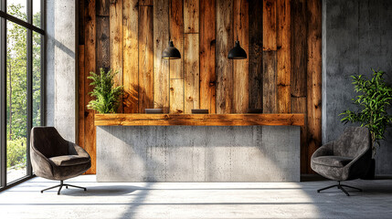 Modern Industrial Reception Desk Design: Concrete, Wood, and Sunlight