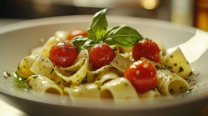 Close-up of a beautifully arranged pasta dish featuring elegantly curled noodles, juicy cherry tomatoes, and fresh basil, evoking a sense of culinary artistry and fresh flavors