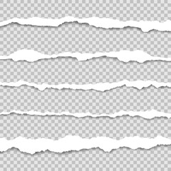 Vector set of horizontal torn paper edge. Ripped white paper strips and shadow.