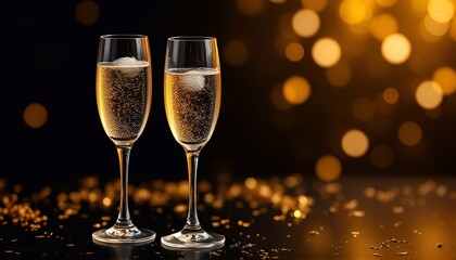 Champagne glasses with ice on black festive background. Celebrate birthday, anniversary, wedding, new year or other holidays. Greeting card - generative AI