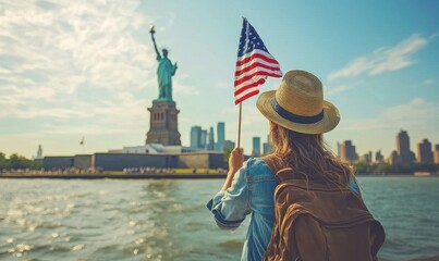 Woman Tourist Liberty Statue New York City Flag Travel.