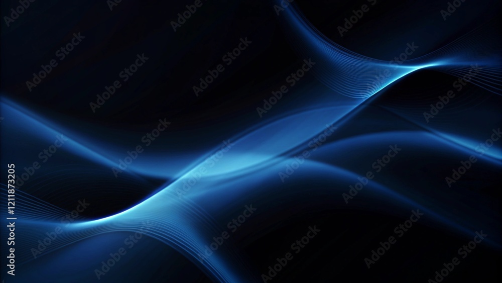 Poster Flowing dot particles wave line pattern blue and purple gradient light isolated on a dark black background. Abstract motion technology background design with glowing dots and digital waves.