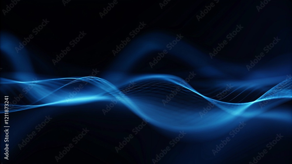 Fototapete Flowing dot particles wave line pattern blue and purple gradient light isolated on a dark black background. Abstract motion technology background design with glowing dots and digital waves.