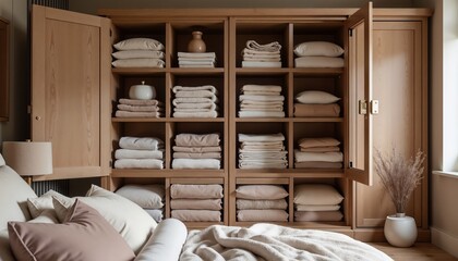 Bedroom interior with an open closet where bedding and towels are neatly stacked. Elegant bedroom design with minimalist closet and linens. Order. Calm. Serenity in a peaceful retreat.