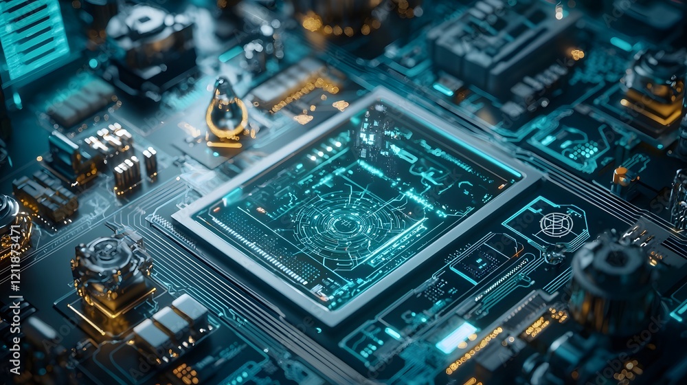 Poster futuristic depiction of quantum computing technology thwarting a cyberattack on a critical infrastru