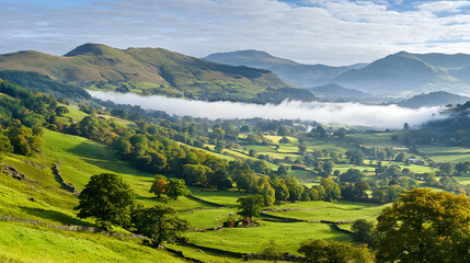 Misty valley sunrise, autumnal landscape, rolling hills, farmland, UK travel