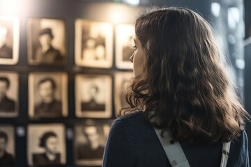 Woman viewing gallery portraits, indoor exhibition.