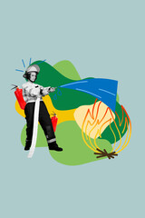 Creative 3D photo collage artwork template of professional young lady firewoman hand hold watering...
