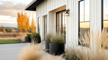 Modern farmhouse exterior, autumn sunset view, landscaping, patio