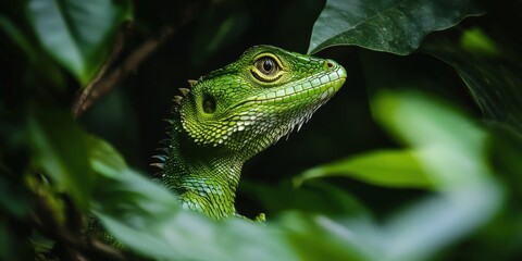 Obraz premium A green forest dragon camouflaged among the trees, watching travelers