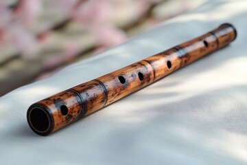 Bamboo flute rests on textured fabric.