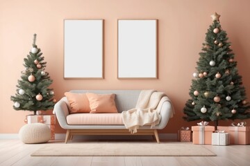 christmas living room interior with shelf, boucle armchair, pouf, blank poster frame, christmas tree