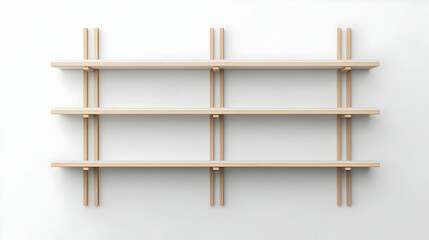 Modern wooden shelving unit against a white wall; interior design, home decor