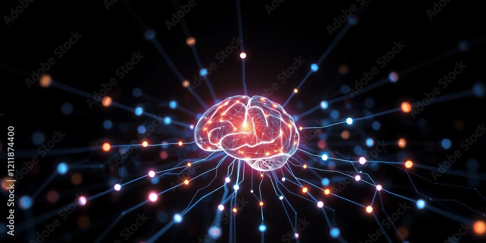 Poster digital representation of human head with glowing neural connections, futuristic technology backgrou