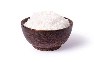 Coconut powder in wooden bowl isolated