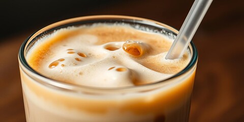 Closeup of glass filled with cold coffee and milk, with droplets of condensation on the surface, beverage, milk