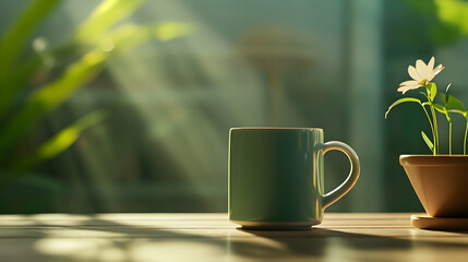 Morning coffee sunlight plant home office