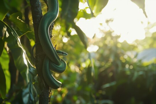 A green tree python coiled around a branch in a lush tropical rainforest, scales shimmering in the dappled sunlight