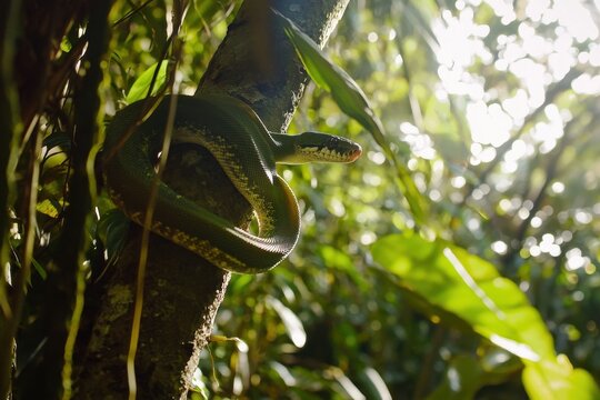 A green tree python coiled around a branch in a lush tropical rainforest, scales shimmering in the dappled sunlight