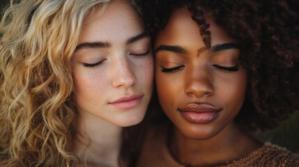 Fototapeta premium Two women of diverse backgrounds lean into each other, showcasing their unique beauty and shared connection. The moment captures tranquility and solidarity in a peaceful setting