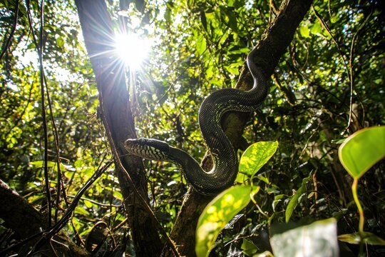 A green tree python coiled around a branch in a lush tropical rainforest, scales shimmering in the dappled sunlight