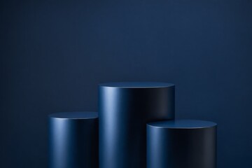 Three blue cylinder podiums against matching background
