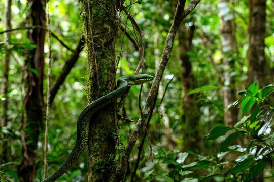 A green tree python coiled around a branch in a lush tropical rainforest, scales shimmering in the dappled sunlight