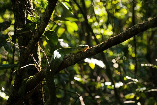 A green tree python coiled around a branch in a lush tropical rainforest, scales shimmering in the dappled sunlight