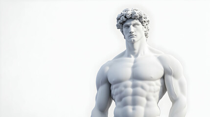 Muscular statue, classical pose, white background, studio shot; ideal for fitness, art, or health websites