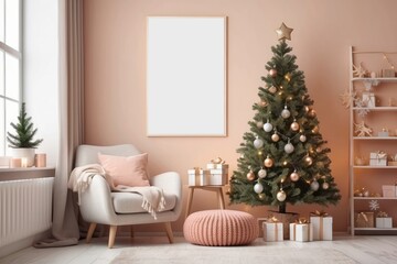 christmas living room interior with shelf, boucle armchair, pouf, blank poster frame, christmas tree