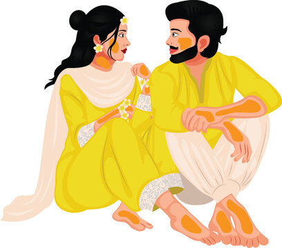 Indian Wedding Couple Celebrate Haldi Ceremony Vector Illustration