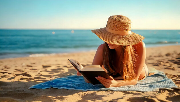 Una mujer joven con sombrero de paja tumbada sobre una toalla encima de la arena de una playa leyendo un libro, AF