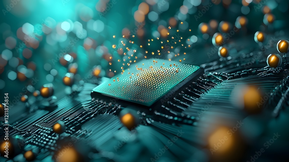 Poster futuristic depiction of quantum computing technologies powering advanced risk management analytics a