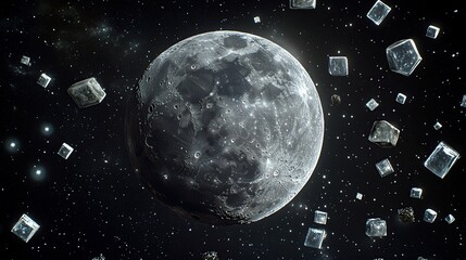 Naklejka premium Moon in space with floating crystals.