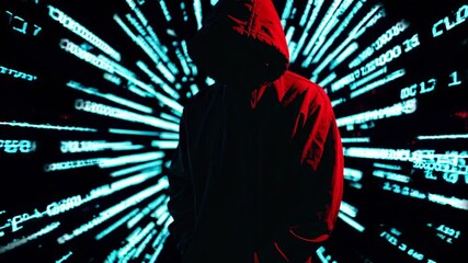 Mysterious figure shrouded in darkness surrounded by streams of binary code at an unknown location
