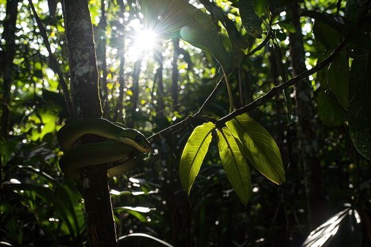 A green tree python coiled around a branch in a lush tropical rainforest, scales shimmering in the dappled sunlight