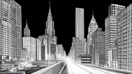 Fototapeta premium Night city skyline, elevated road view, skyscrapers, urban landscape, graphic illustration