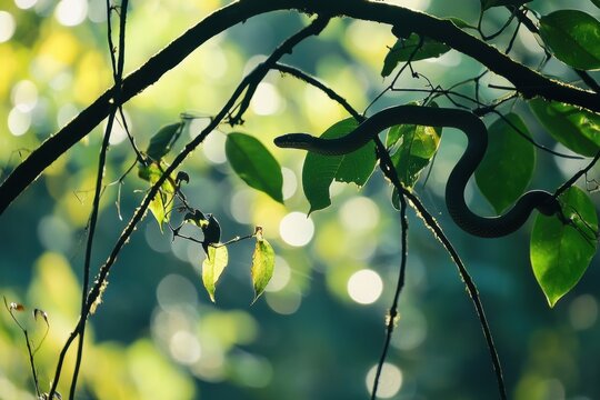 A green tree python coiled around a branch in a lush tropical rainforest, scales shimmering in the dappled sunlight
