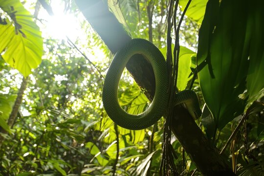 A green tree python coiled around a branch in a lush tropical rainforest, scales shimmering in the dappled sunlight