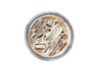 Iced coffee milk isolated on white background. Top view.