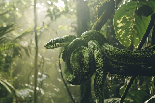 A green tree python coiled around a branch in a lush tropical rainforest, scales shimmering in the dappled sunlight
