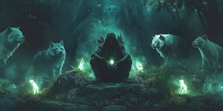 A powerful shaman surrounded by glowing spirit animals in a mystical jungle